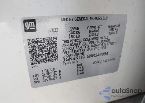 2022 Chevrolet Tahoe 4Wd High Country из США, поврежденный, VIN 1GNSKTKL5NR349094